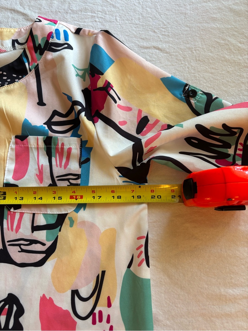 Abstract Face Print High-Low Button-Front Dress - White/Multi - Picture 3 of 7